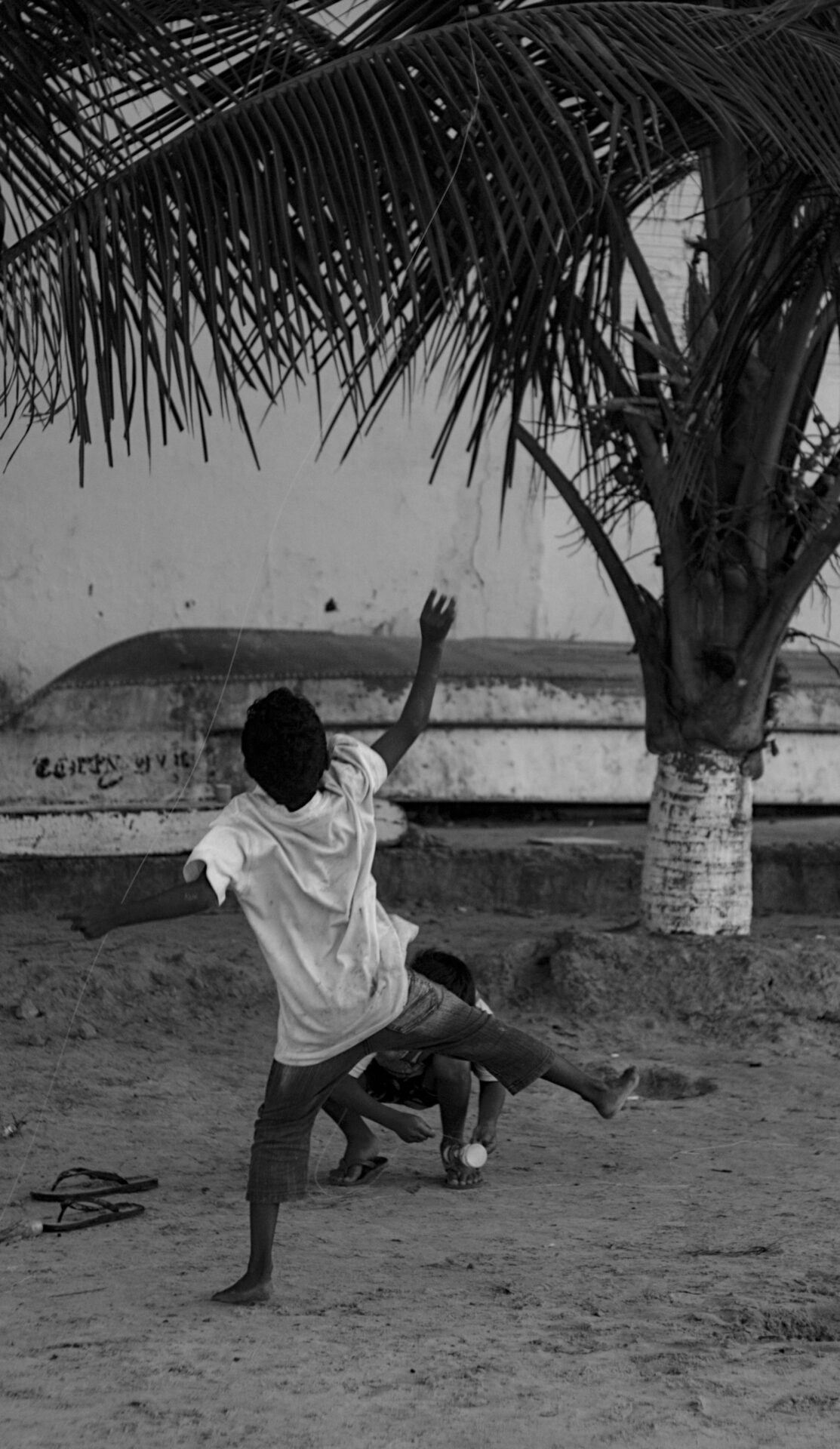 Crianças jogando bola sob um coqueiro