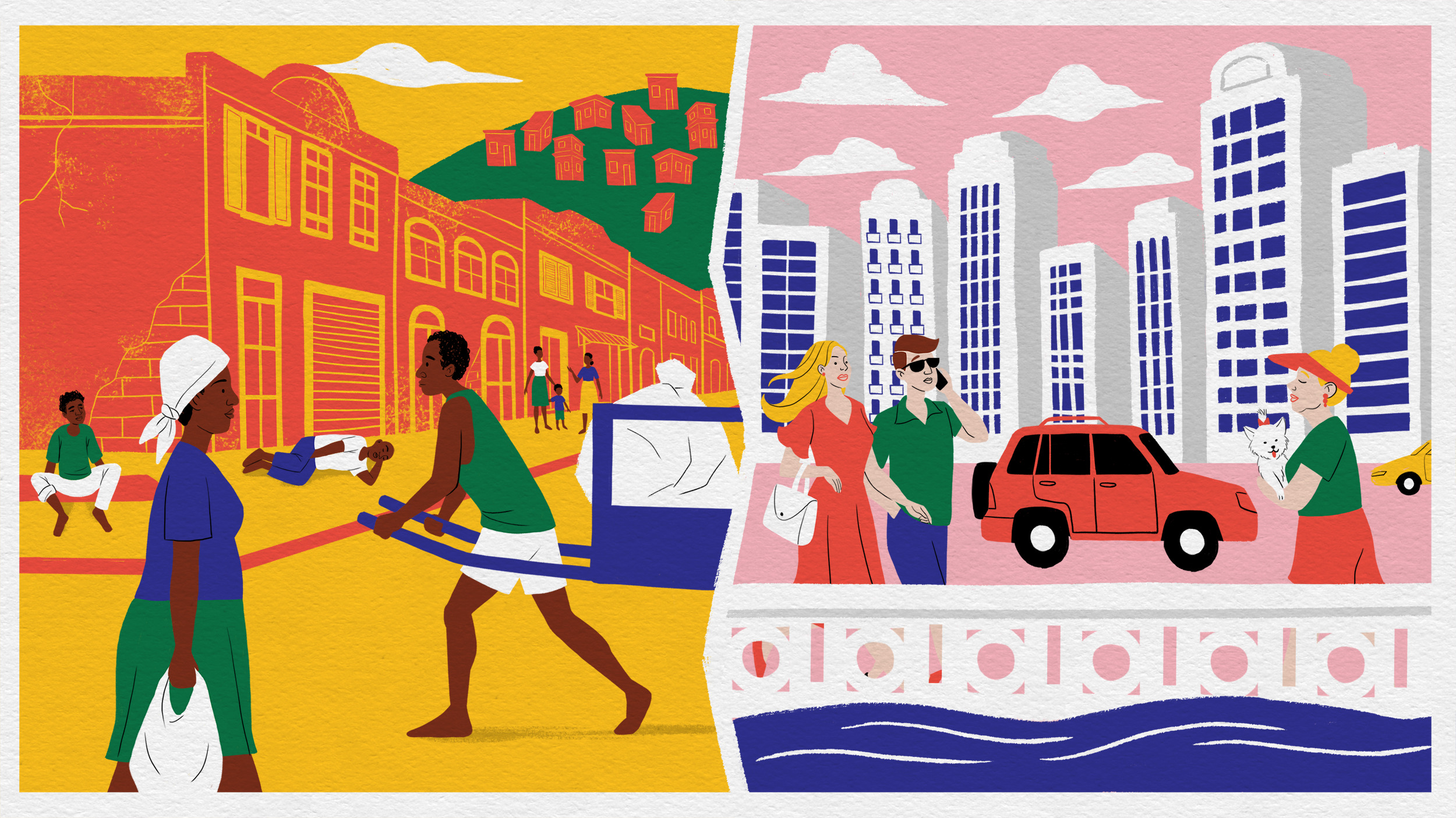 Ilustração em duas metades: o centro histórico de trabalhadores negros e a orla de edifícios