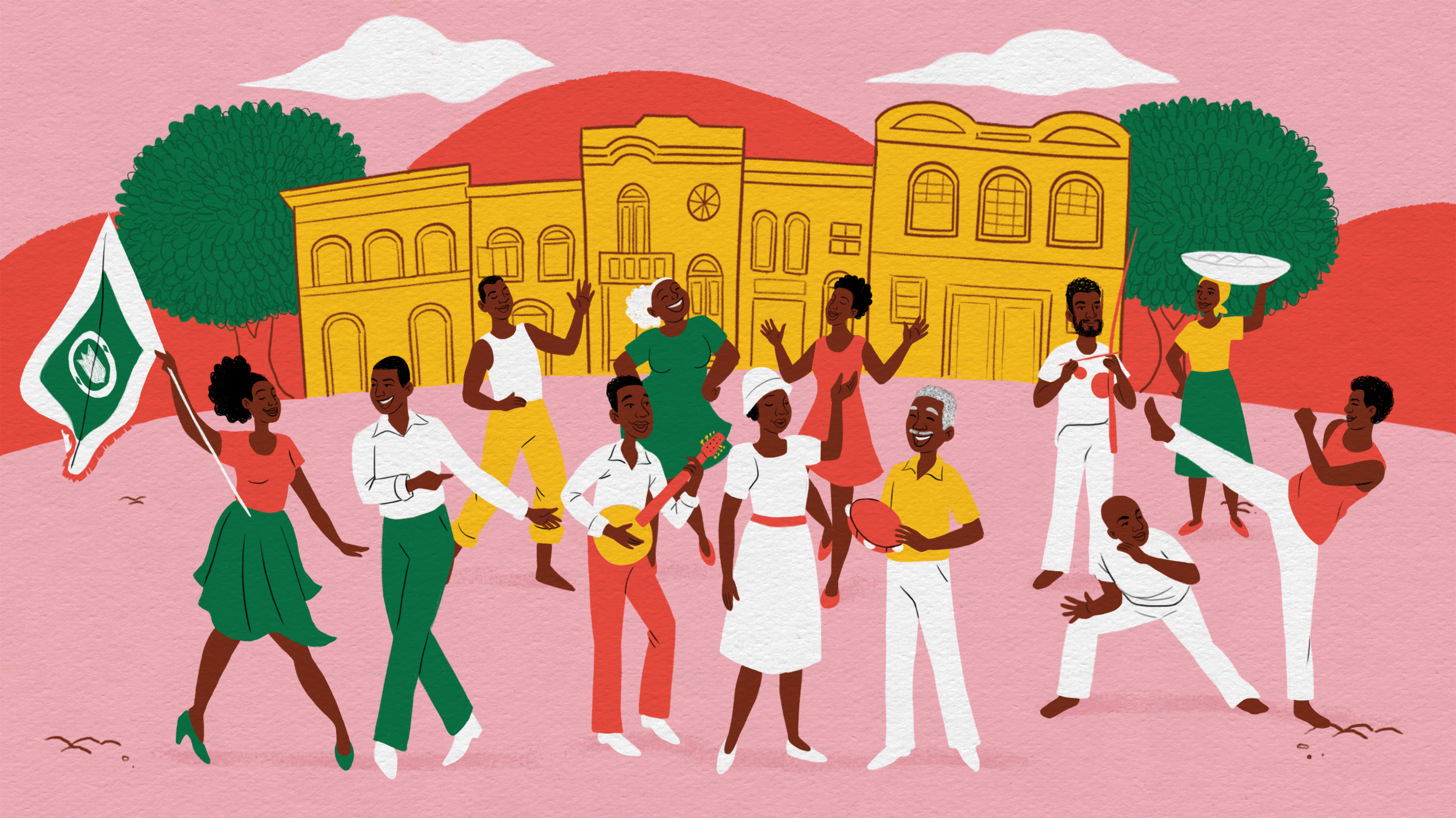 Ilustração do bairro Macuco e Vila Mathias: roda de samba, capoeira e casarões amarelos