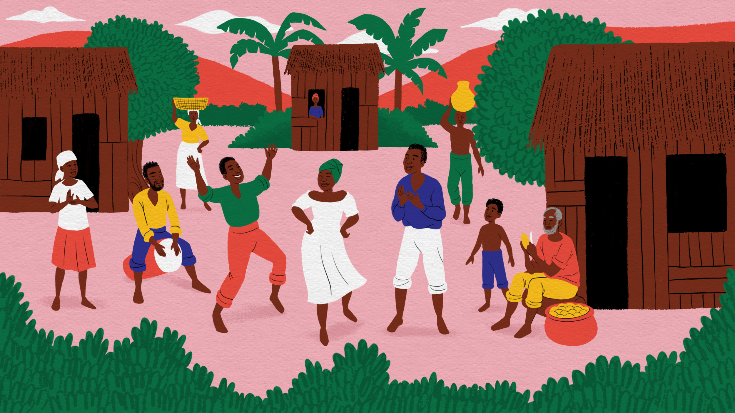 Ilustração de quilombo: roda de dança e tambor entre casas de taipa e palmeiras
