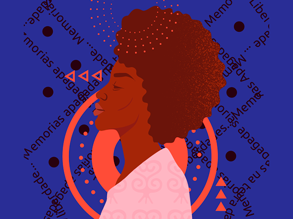 Ilustração de mulher negra de perfil sobre fundo azul, com a frase Memórias apagadas repetida