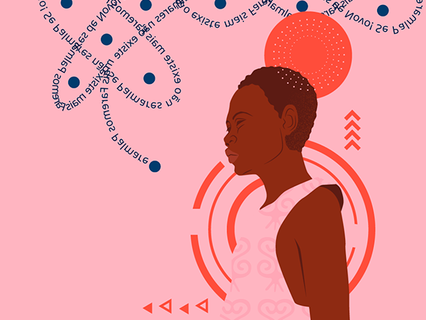 Ilustração de mulher negra de turbante vermelho sobre fundo amarelo