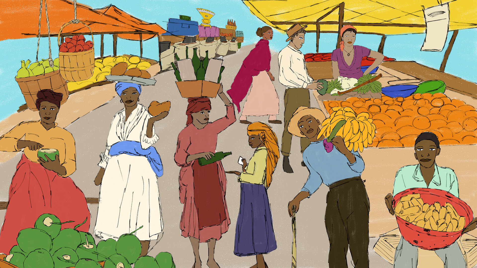 Ilustração da série Feiras: vendedoras e fregueses entre barracas de frutas