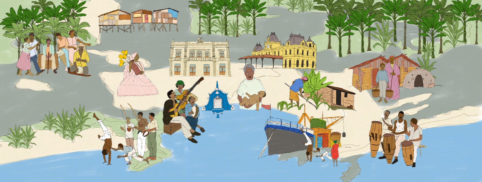 Ilustração panorâmica do mapa da Baixada: palafitas, quilombos, capoeira, terreiro, porto e roda de tambores