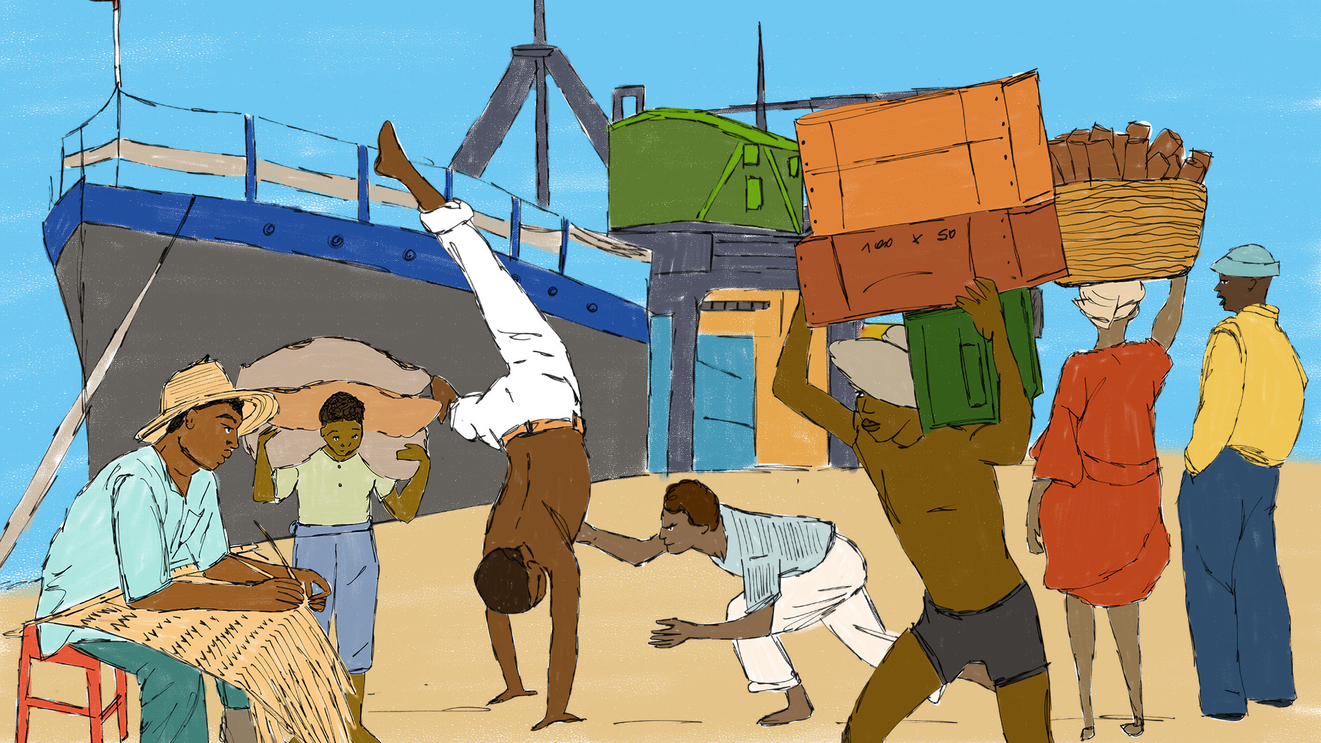 Ilustração da série Porto Negro: capoeira, carregadores e vendedoras no cais de Santos