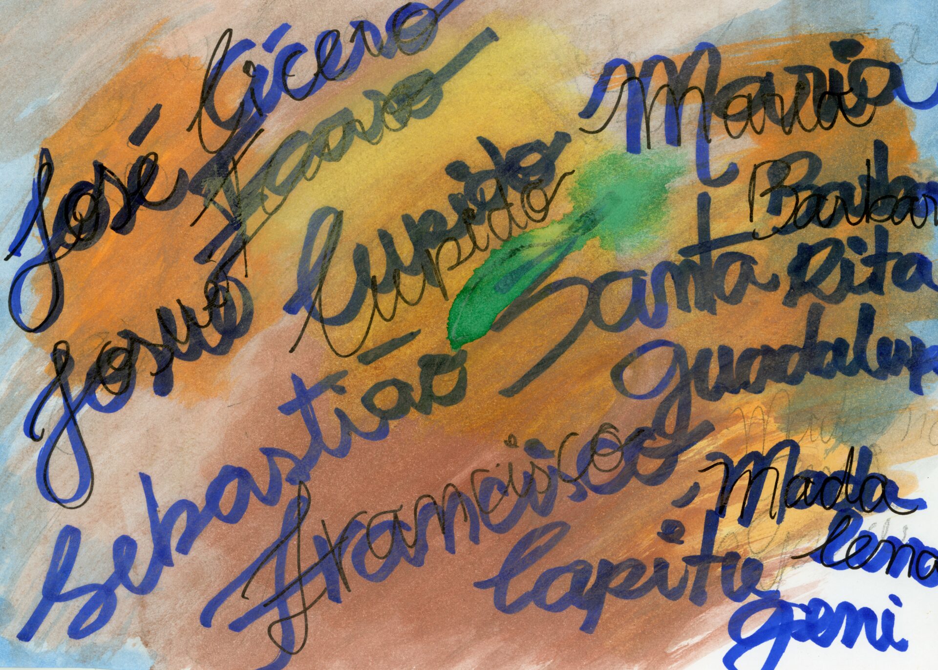 Aquarela azul e amarela com traço largo de nanquim