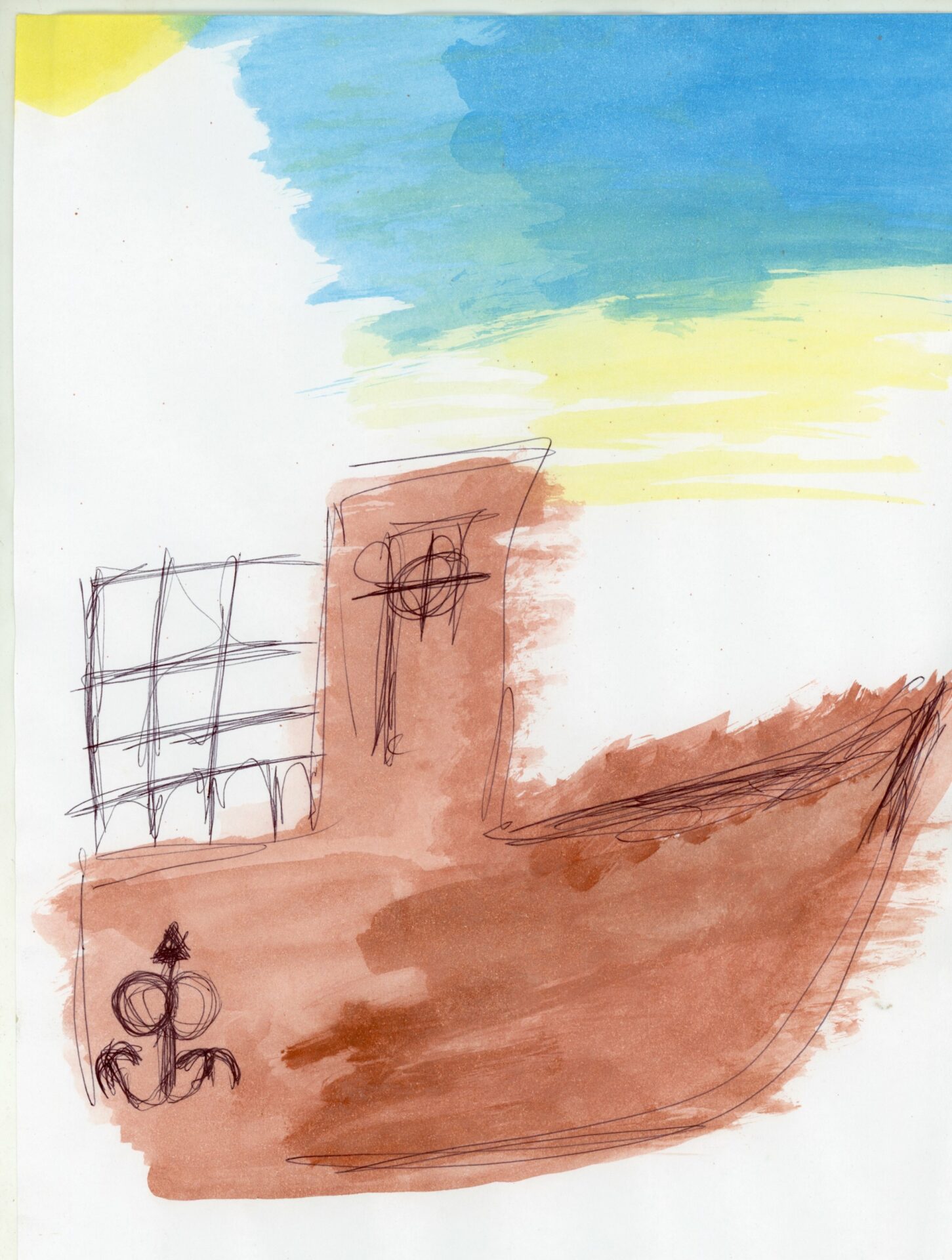 Barco de casco marrom com âncora, aquarela